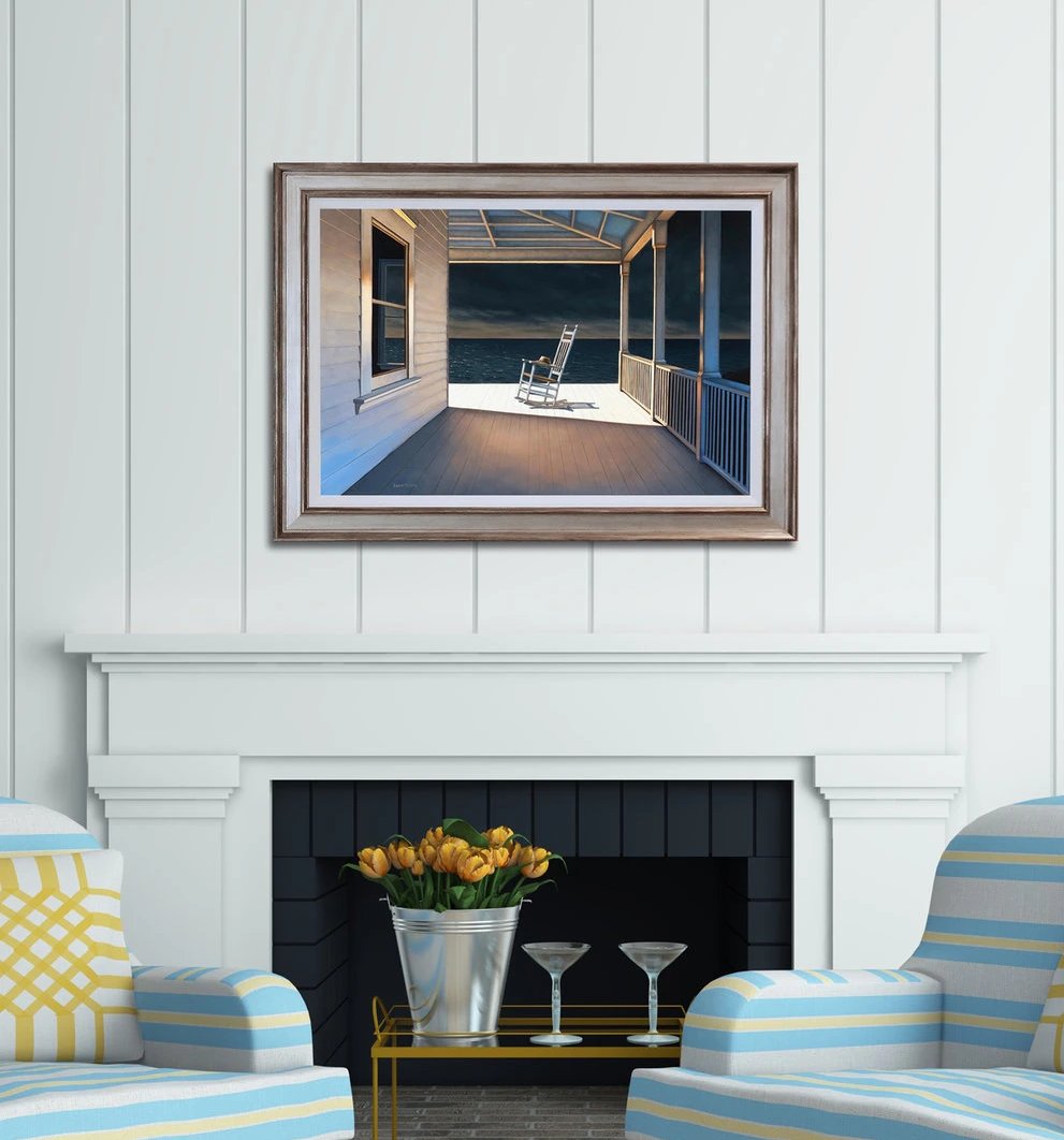 "Eye of the Storm" Framed and hung over a fireplace on a white wall.