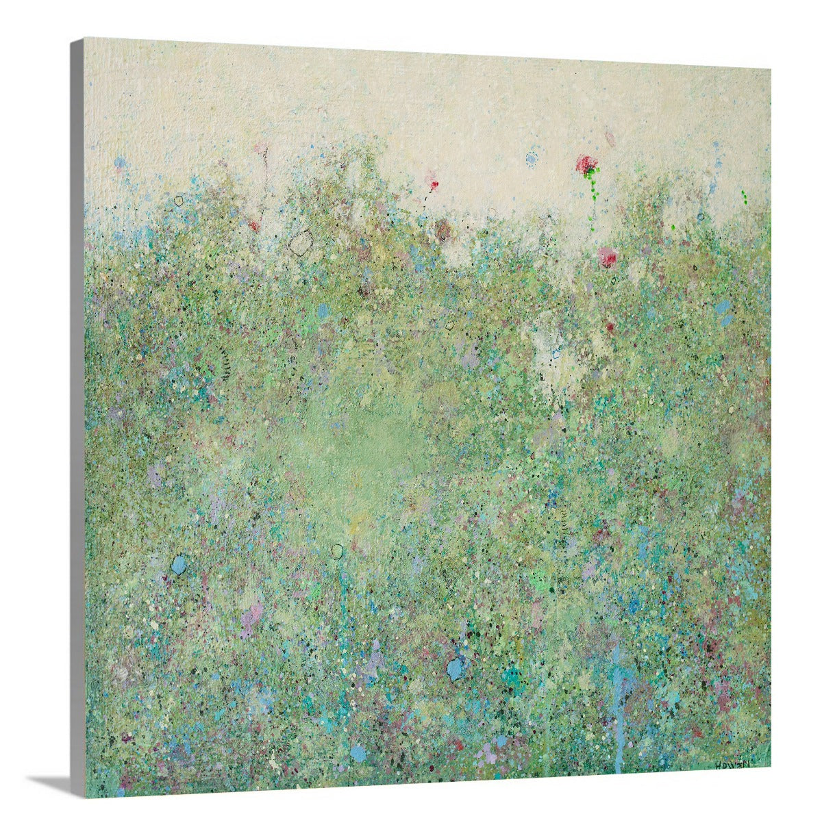 A side-angle view of a green abstract landscape print by Elwood Howell on canvas.