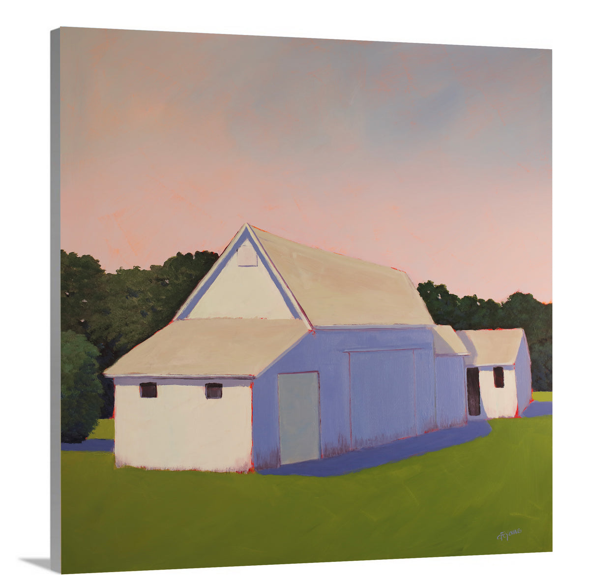 A side-angle view of a light pink, lavender and green contemporary barn print on canvas.