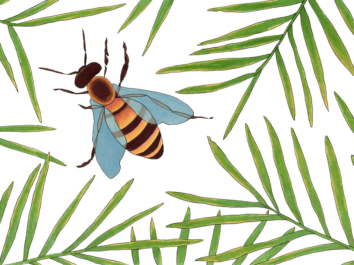 A white and green bee illustration print by Elizabeth Iadicicco. 