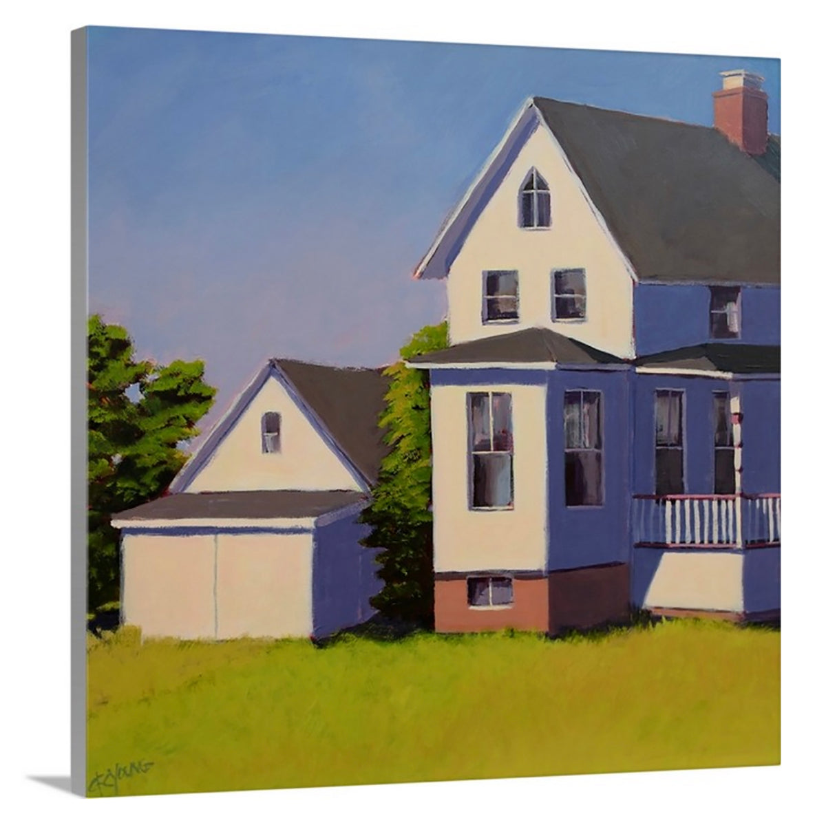 A side-angle view of a blue, white and green contemporary house print on canvas.
