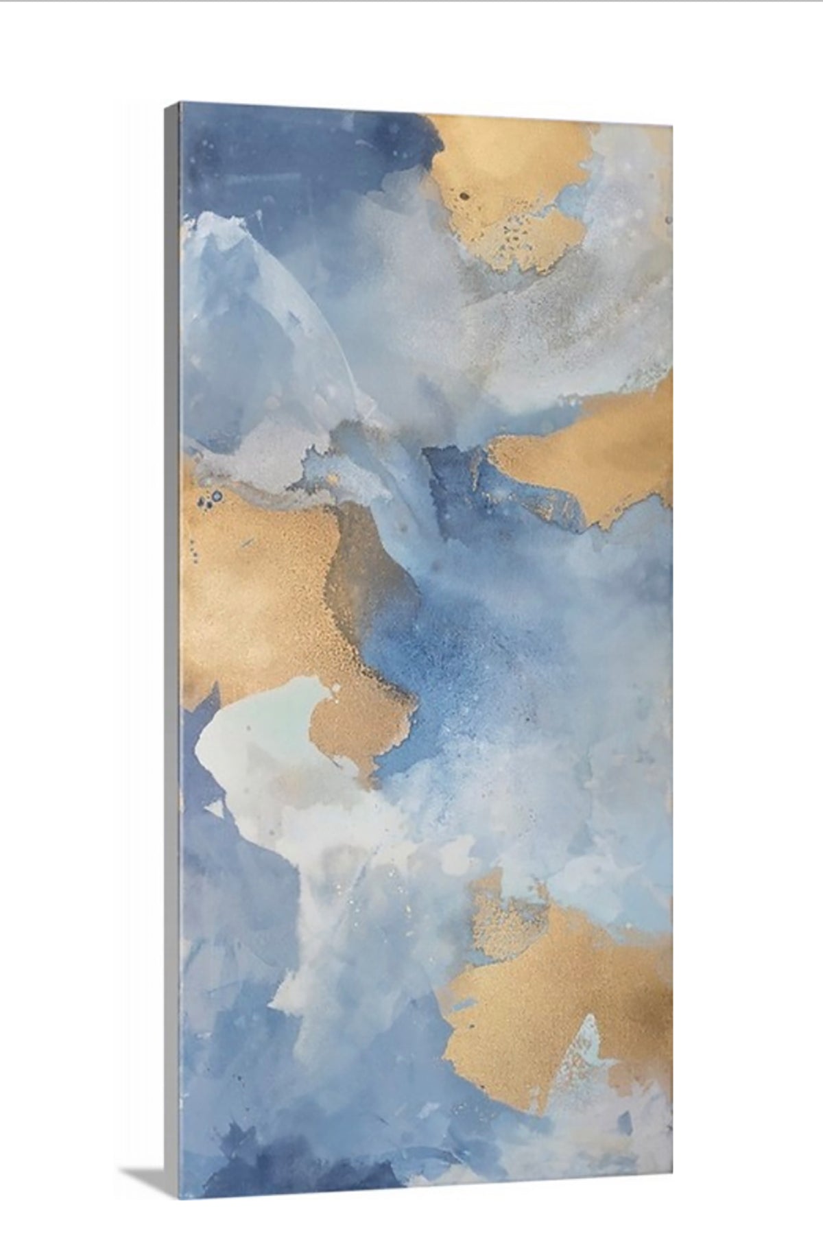 A side-angle view of a blue, gold and white abstract print on canvas.