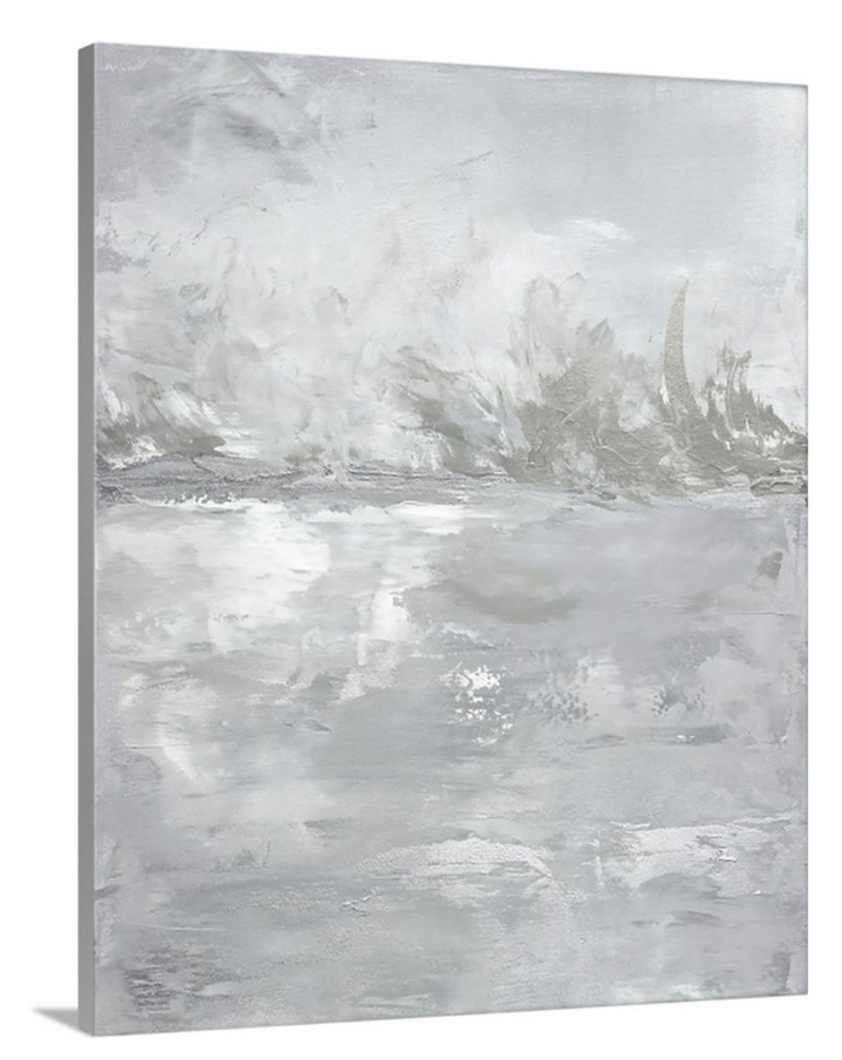 A side-angle view of a white and grey print by Julia Contacessi on canvas.