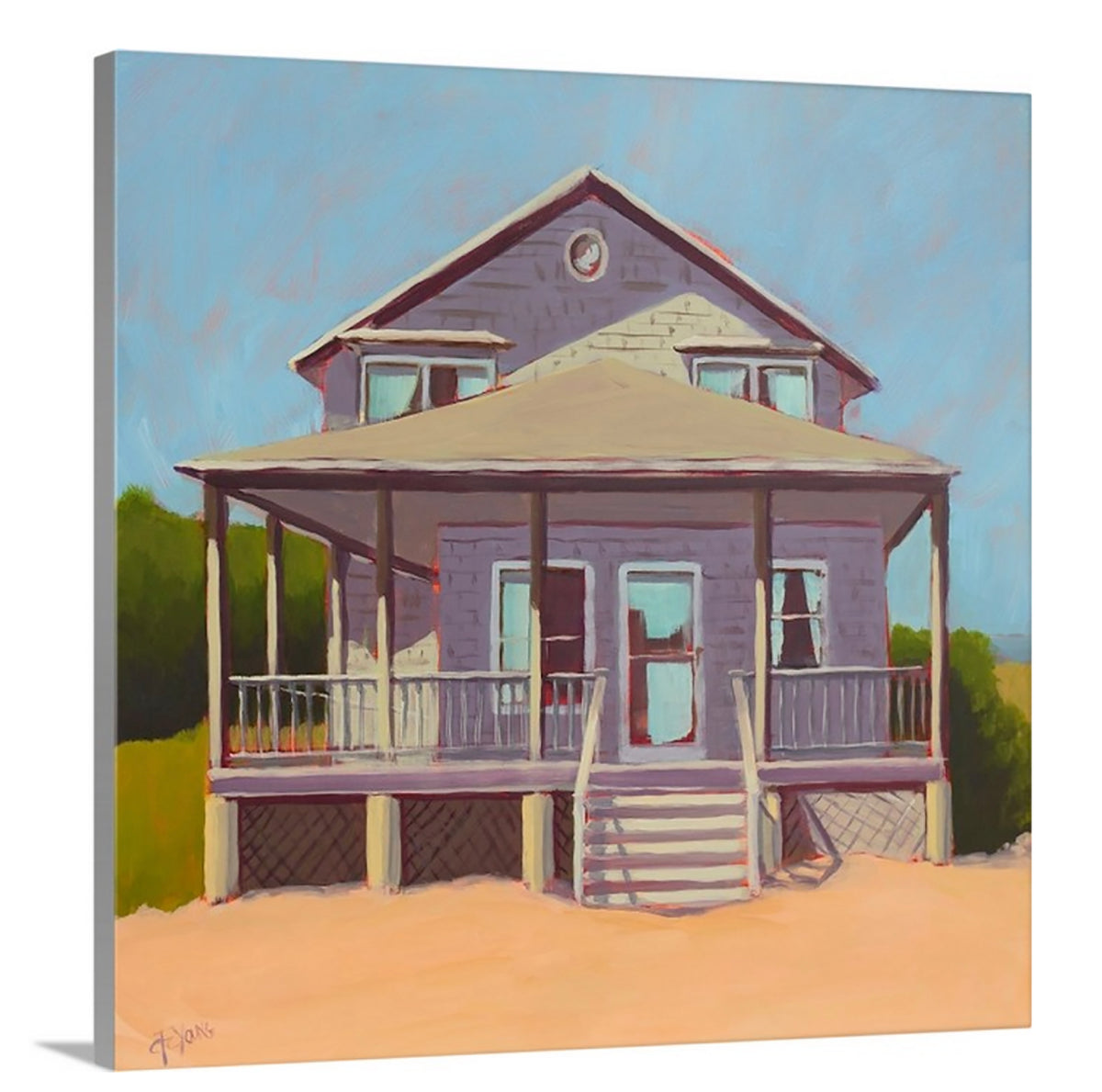 A side-angle view of a blue, lavender and peach contemporary beach house print on canvas.