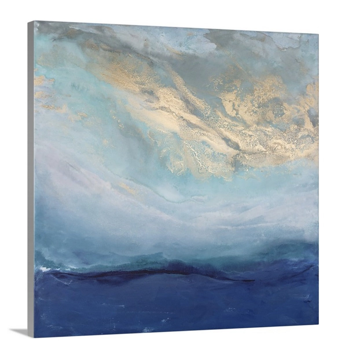 A side-angle view of a blue, gold and teal abstract print on canvas.