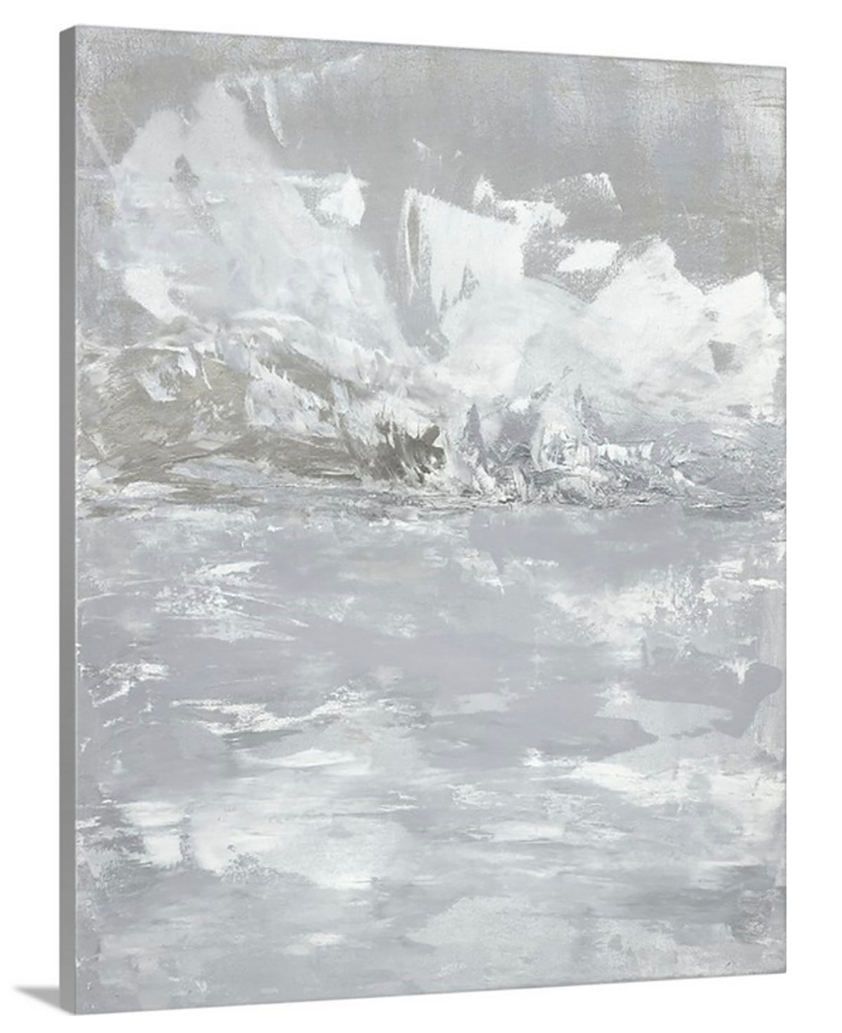 A side-angle view of a white and grey abstract print on canvas.