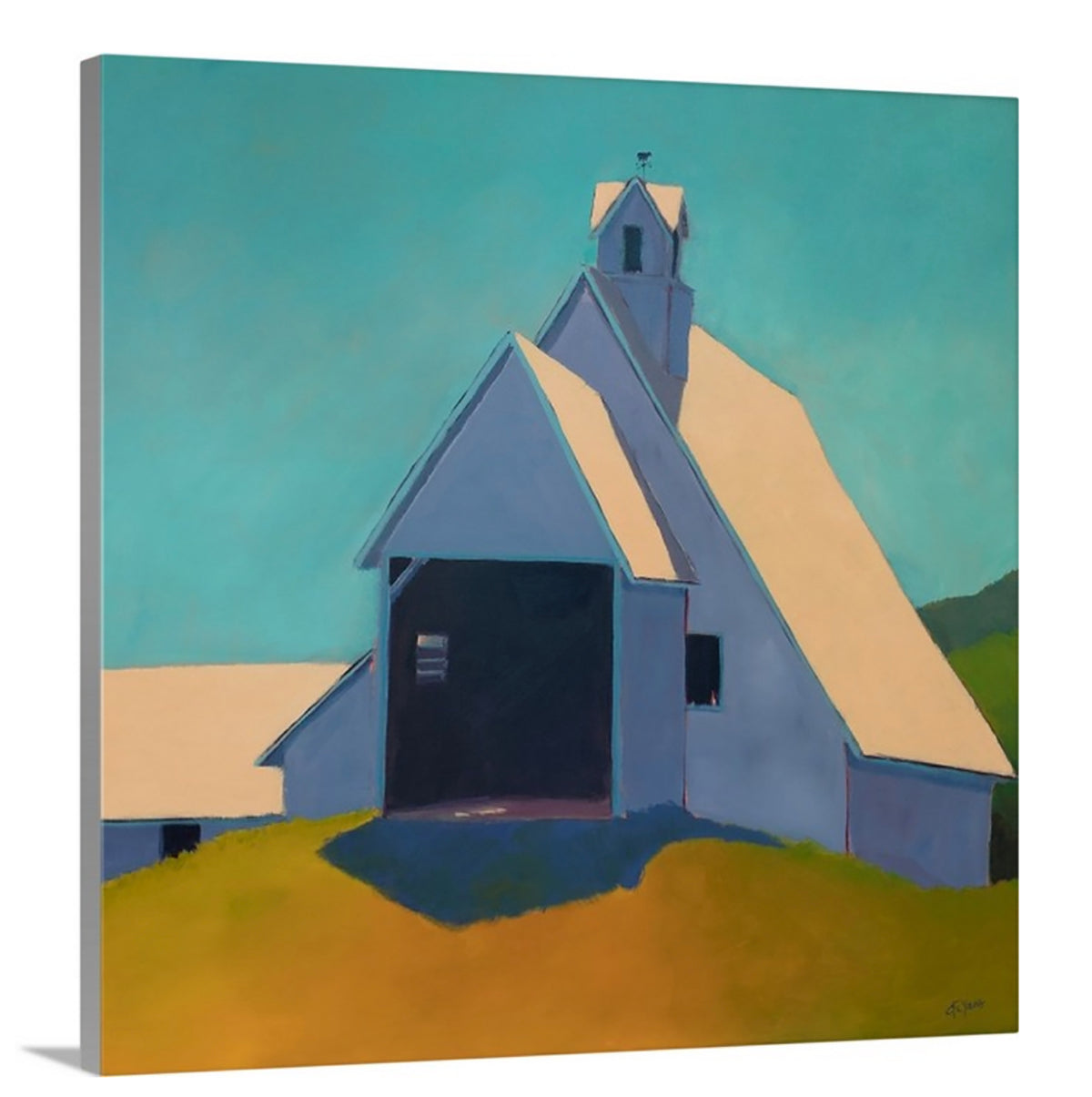 A side-angle view of a teal, lavender, and peach contemporary barn print on canvas.