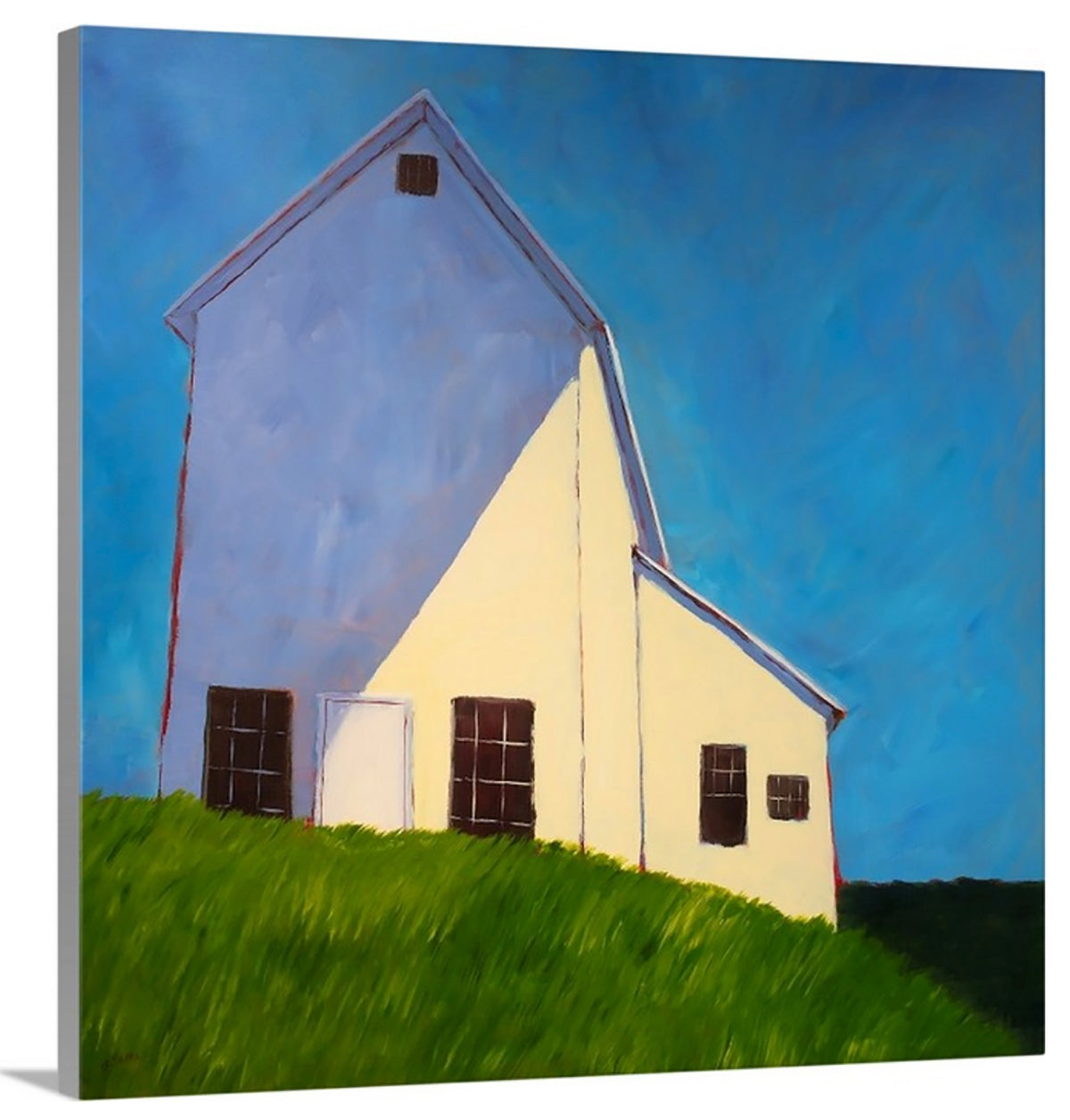 A side-angle view of a blue, beige, lavender and green contemporary barn print on canvas.