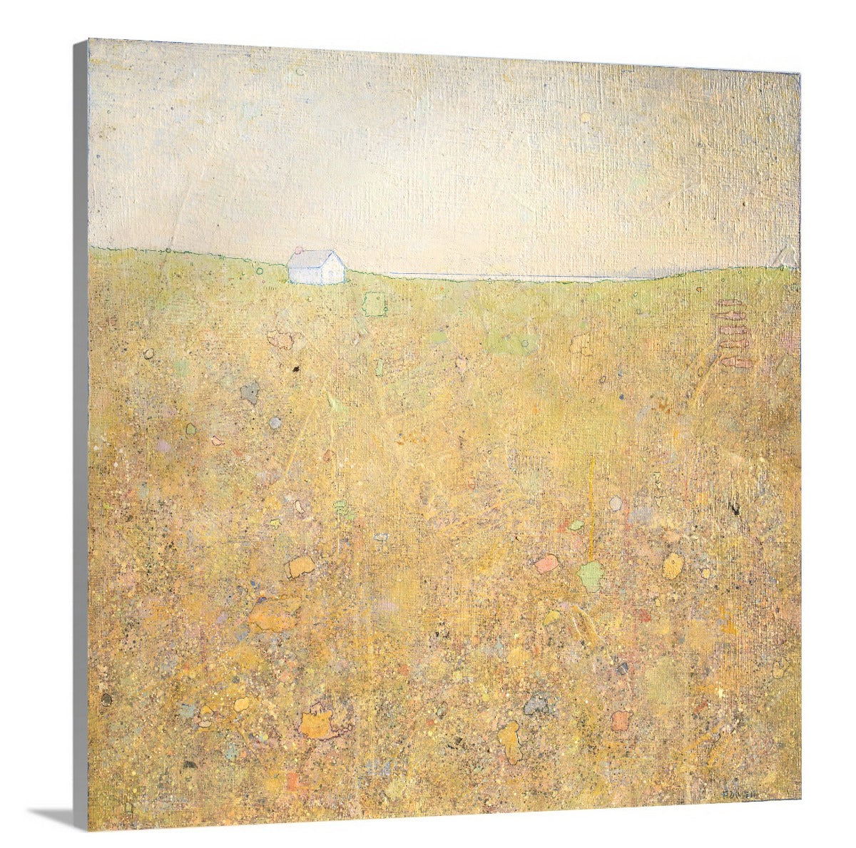 A side-angle view of a yellow and grey abstract landscape by Elwood Howell on canvas.