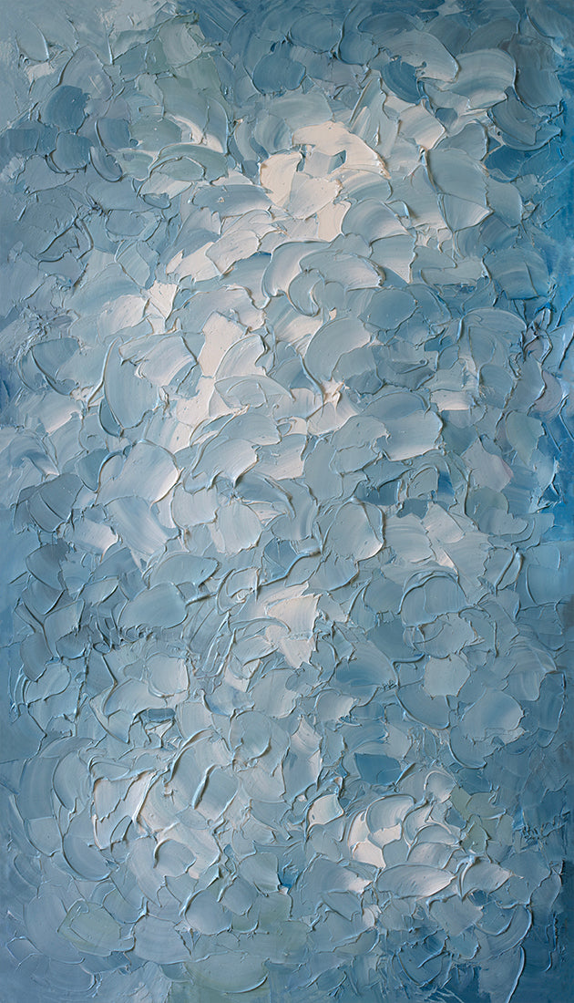 A blue and white abstract painting with thick impasto oil paint by Teodora Guererra.