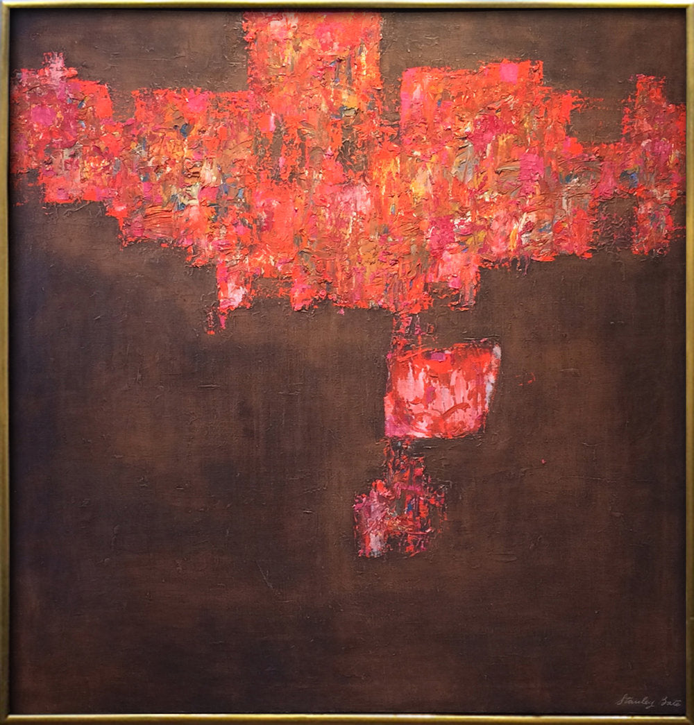 Abstract expressionist painting with brown background and vibrant red, textured foreground in a gold frame.