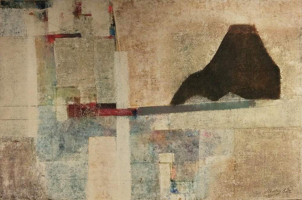 An abstract painting by Stanley Bate is adorned with textured geometric forms. In the primary part of the composition a red and grey bar balances a black mountainous form.