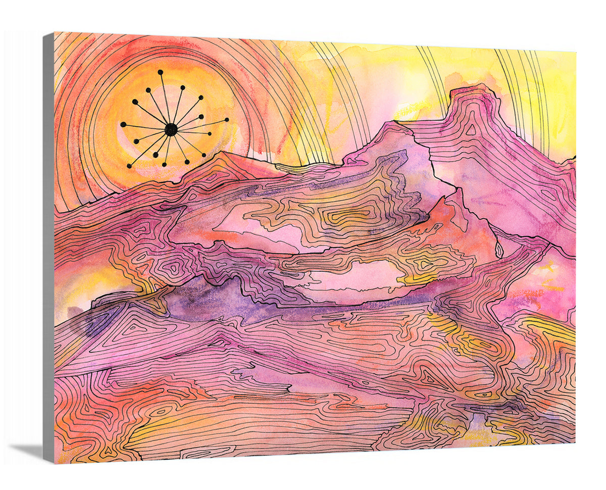 A side-angle view of a pink, yellow and orange abstract landscape print with black outlines on canvas.