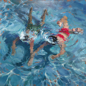 A blue, teal, green, red and beige abstract figural painting of two people underwater by Michele Poirier-Mozzone.