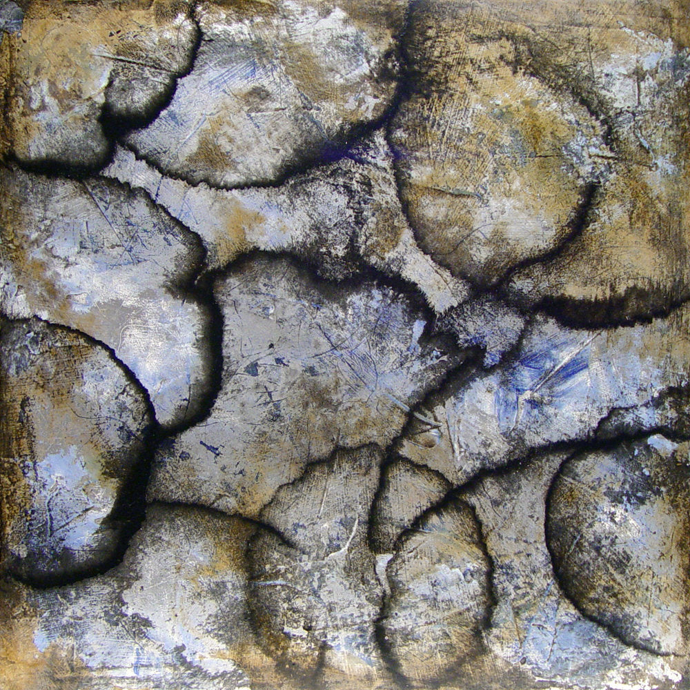 A brown, black, blue and white abstract circle painting by Roger Mudre.