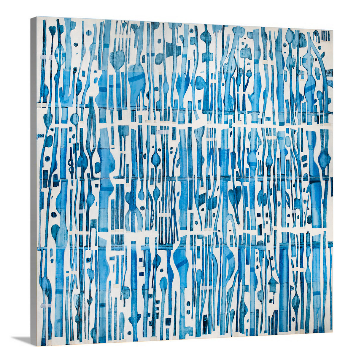 A side-angle view of a blue and white abstract print by Sofie Swann on canvas.