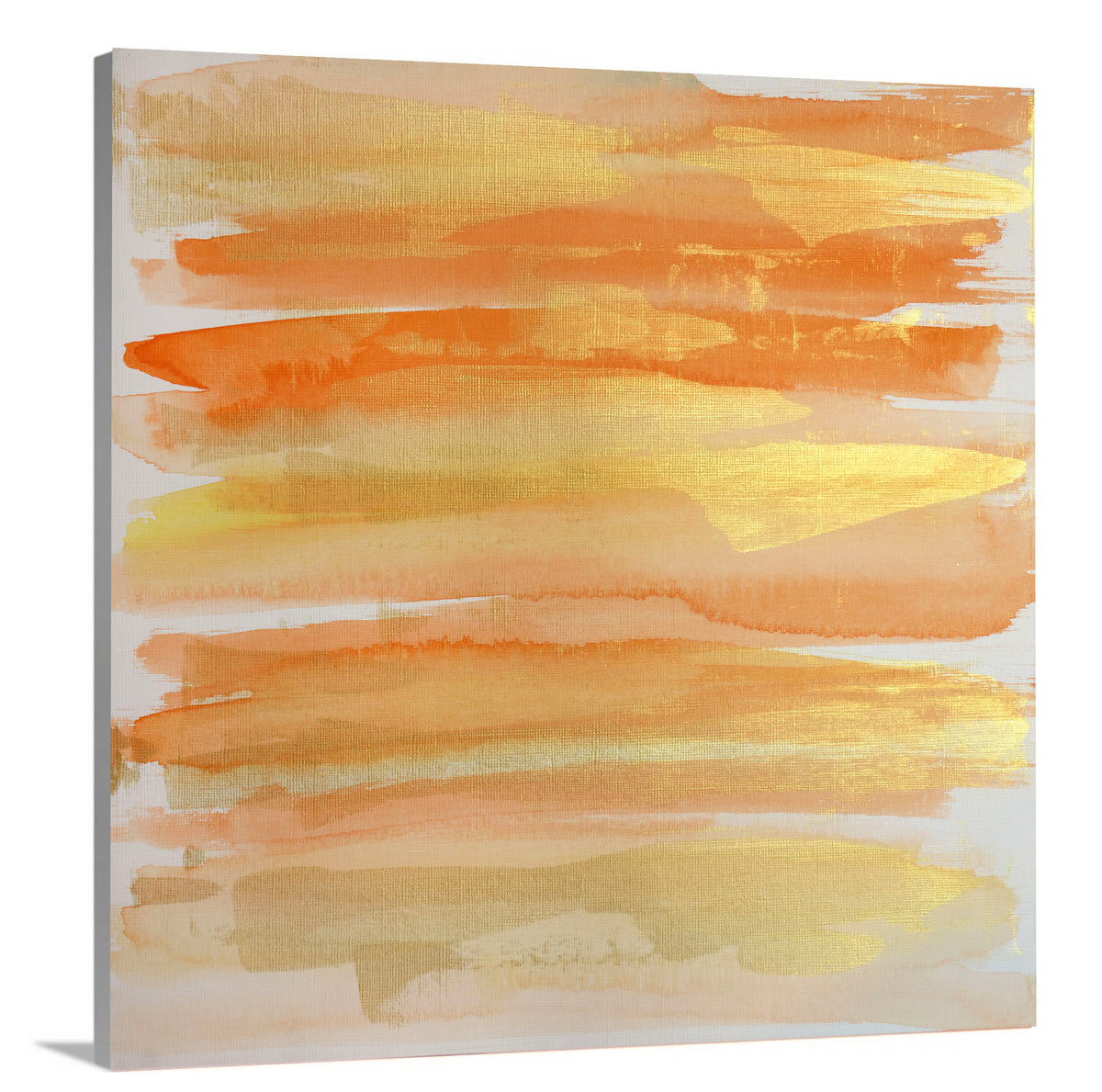 A side-angle view of an orange, gold and white abstract print on canvas.