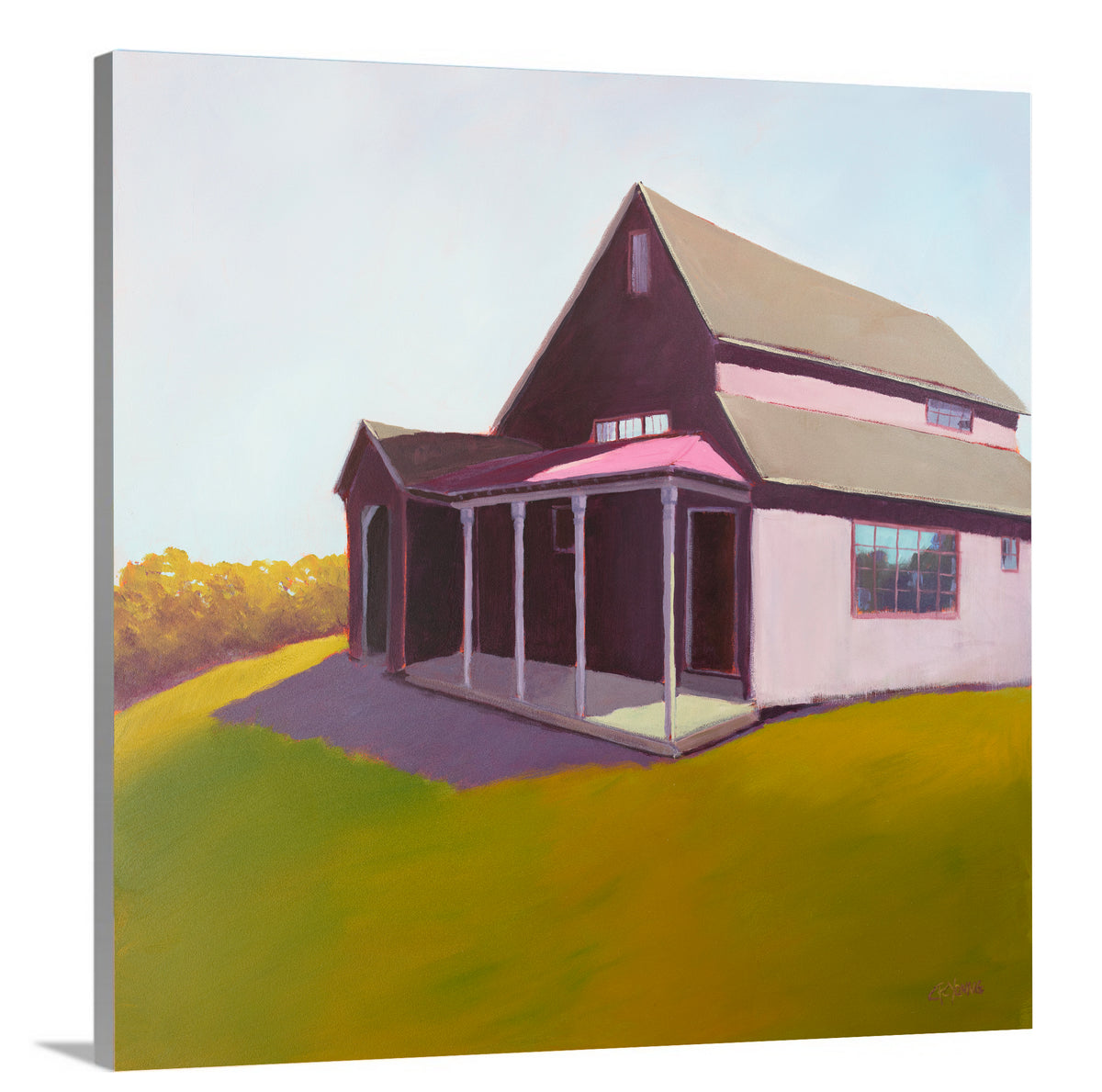 A side-angle view of a raspberry, chartruse and light blue contemporary house print on canvas.