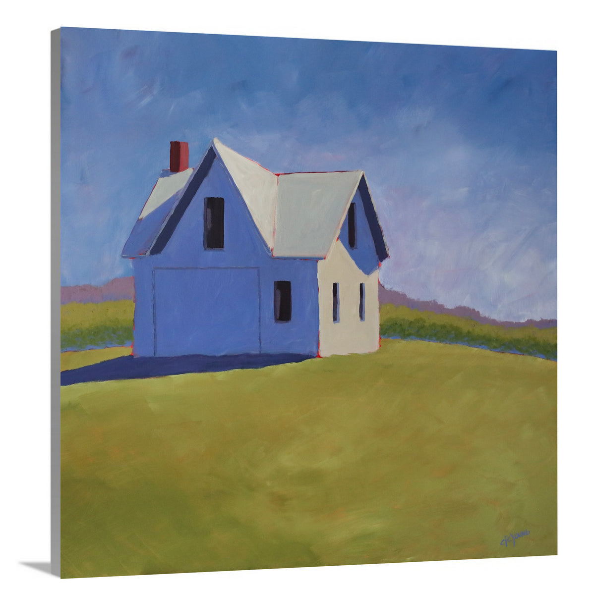 A side-angle view of a blue and green contemporary barn print on canvas.