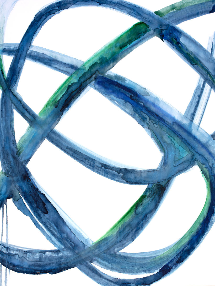 A blue, green and white abstract print by Mary Gaspar.