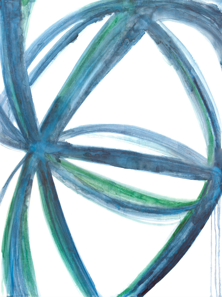 A blue, green, and white abstract print by Mary Gaspar. 