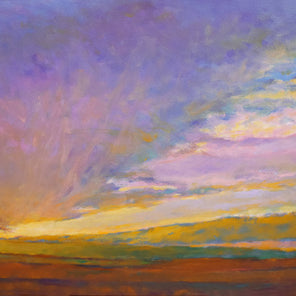 A painted scene of a landscape where the clouds and land masses are softer and the light spreads across the entire canvas in a left to right band. All of that glow is supported with a large variety of colors that add to the drama and movement.