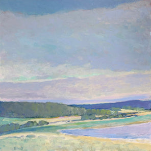 A painted scene of a muted green meadow with a pond and cloudy sky.