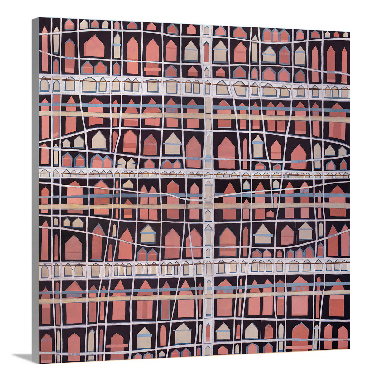 A side-angle view of a pink, white and black abstract house print on canvas.
