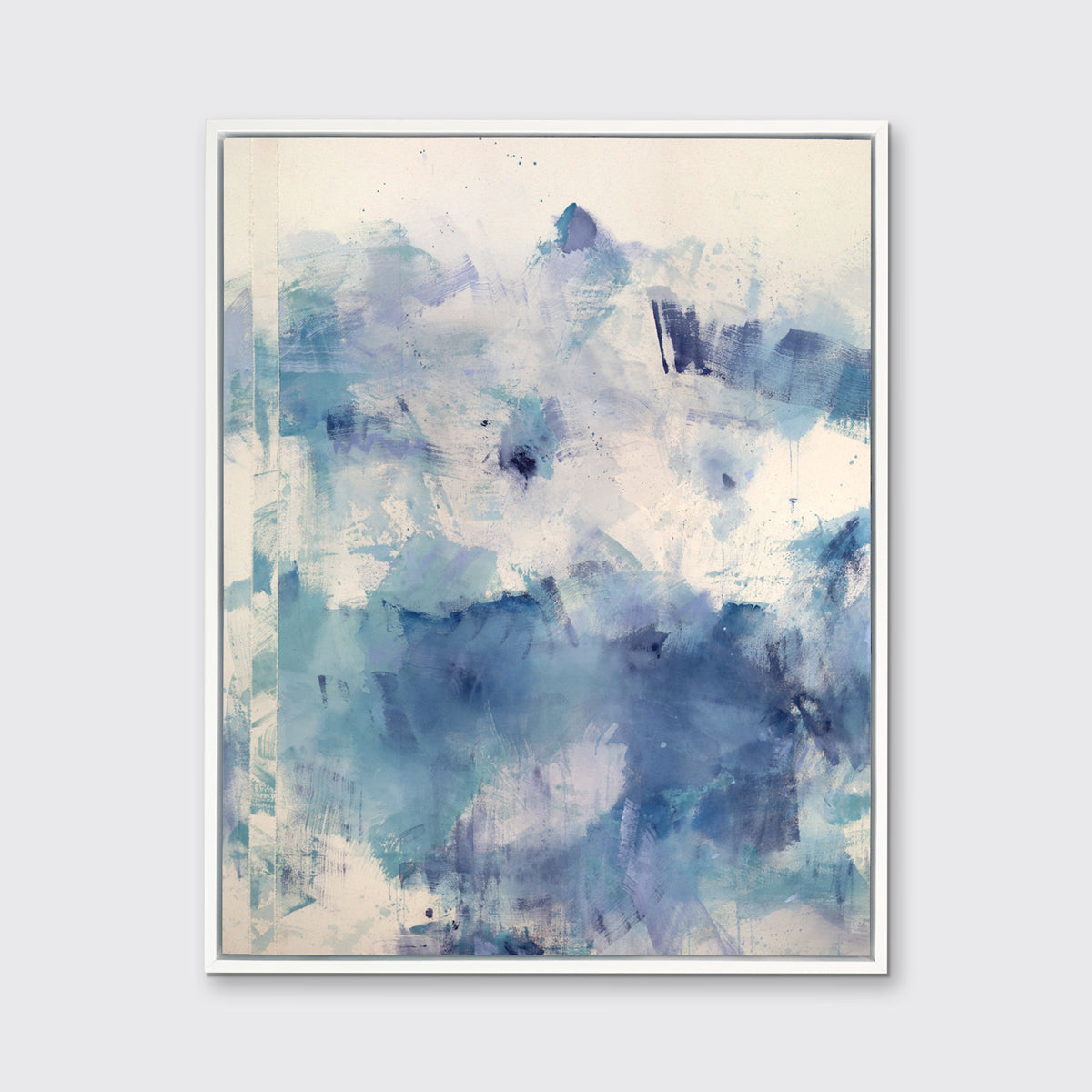 A blue, purple, and off-white abstract canvas print framed in a white floater frame hangs on a white wall.