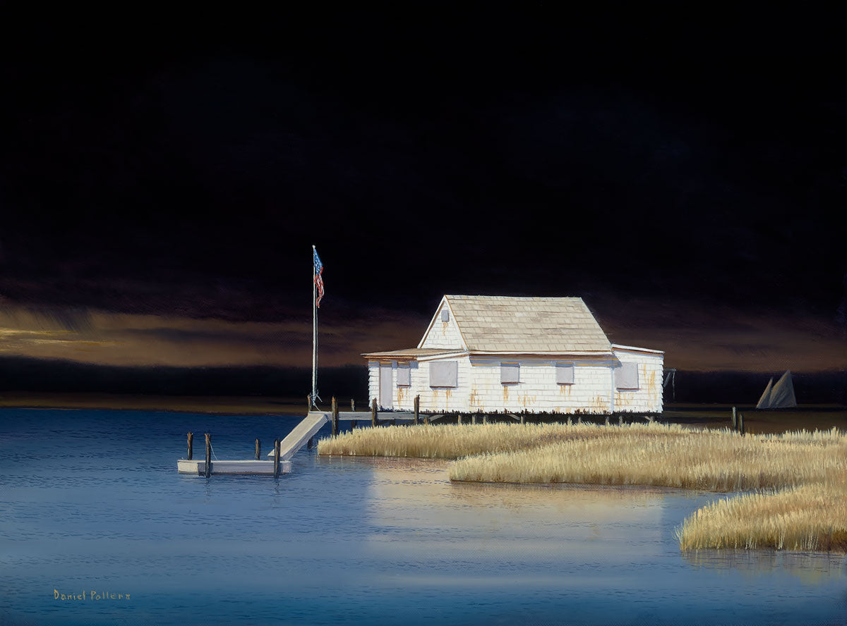 A contemporary realist painting of a boarded up old bay house. The scene is quite even the wind is still according to the flag hanging to the pole out front. The house has a small dock out front where the flag pole stands. In the back middle right side of the painting is a solo sailboat.