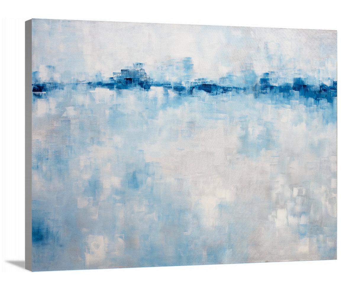 A side-angle view of a blue and white abstract print on canvas.