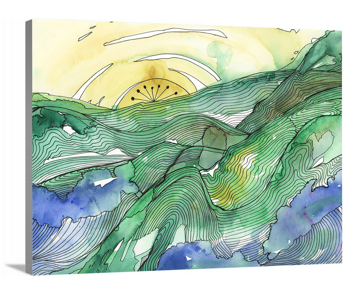 A side-angle view of a yellow and green landscape illustration print on canvas.