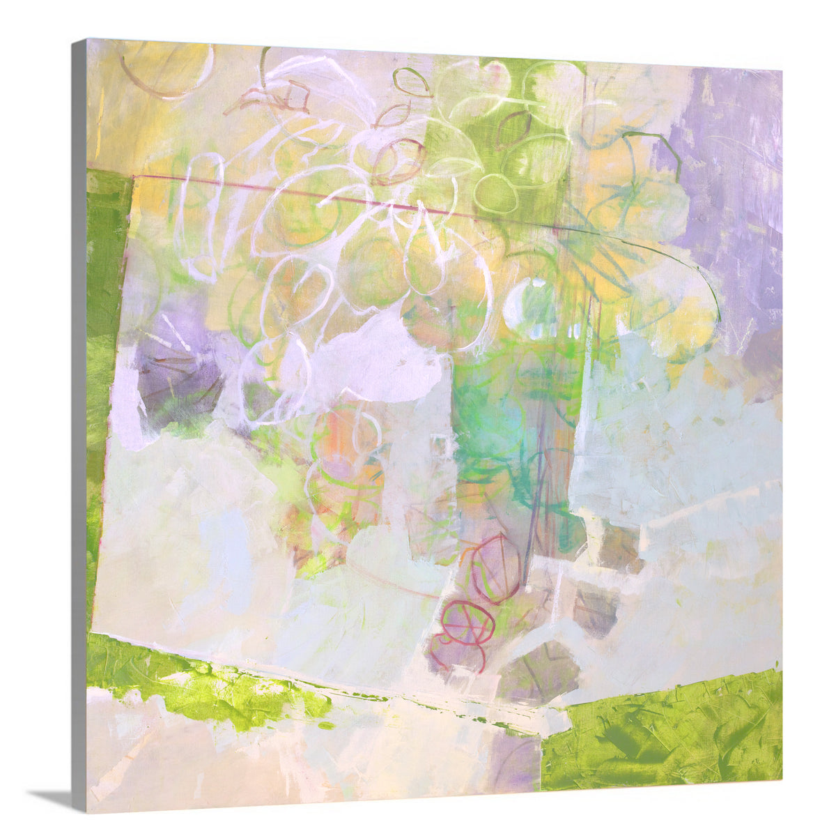 A side-angle view of a light yellow, lavender and green abstract floral print on canvas.