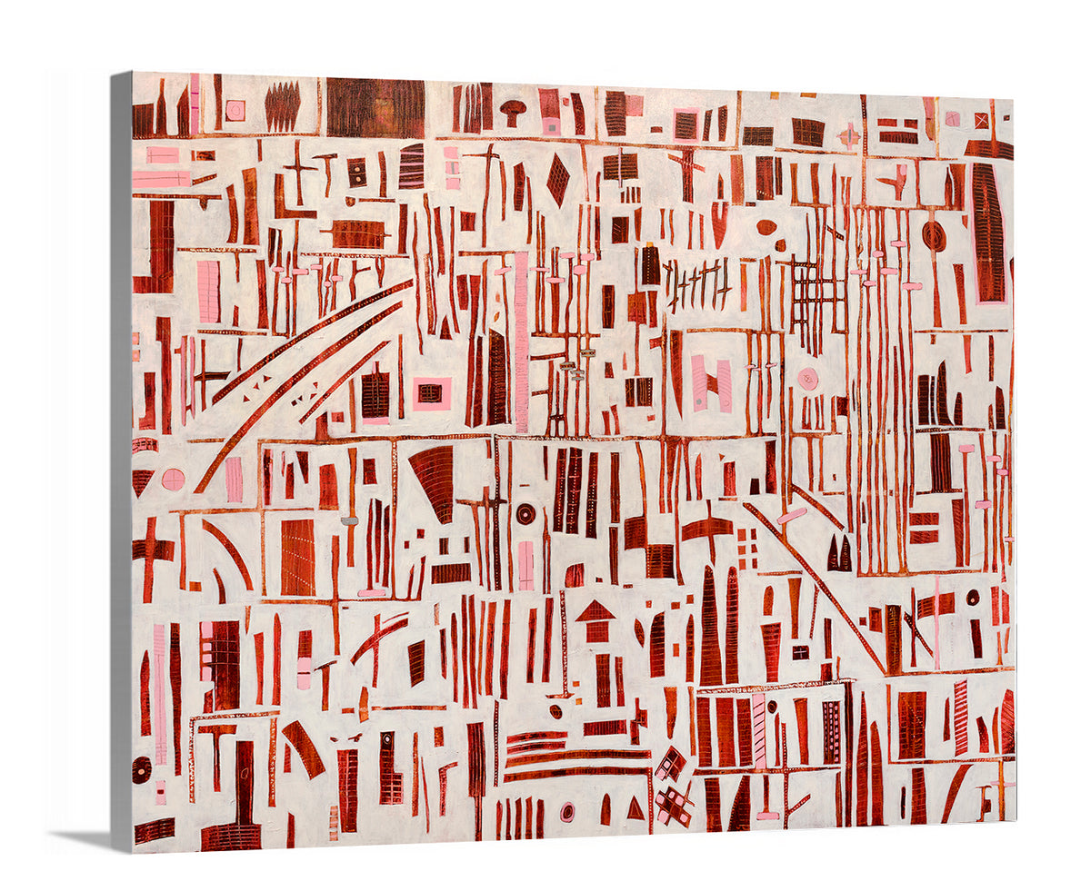 A side-angle view of a red, pink and white abstract print on canvas.