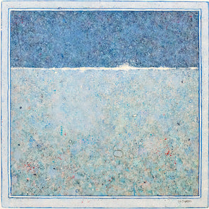 A blue abstract landscape painting with a high horizon line and a hand-drawn border.