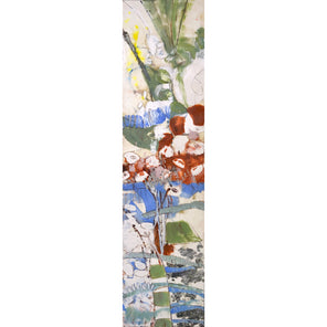 A red, green, blue and beige abstract encaustic painting by Linda Bigness.