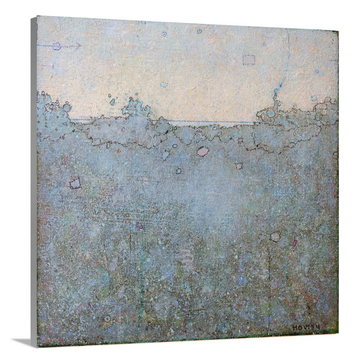 A side-angle view of a dark blue abstract landscape print by Elwood Howell on canvas.