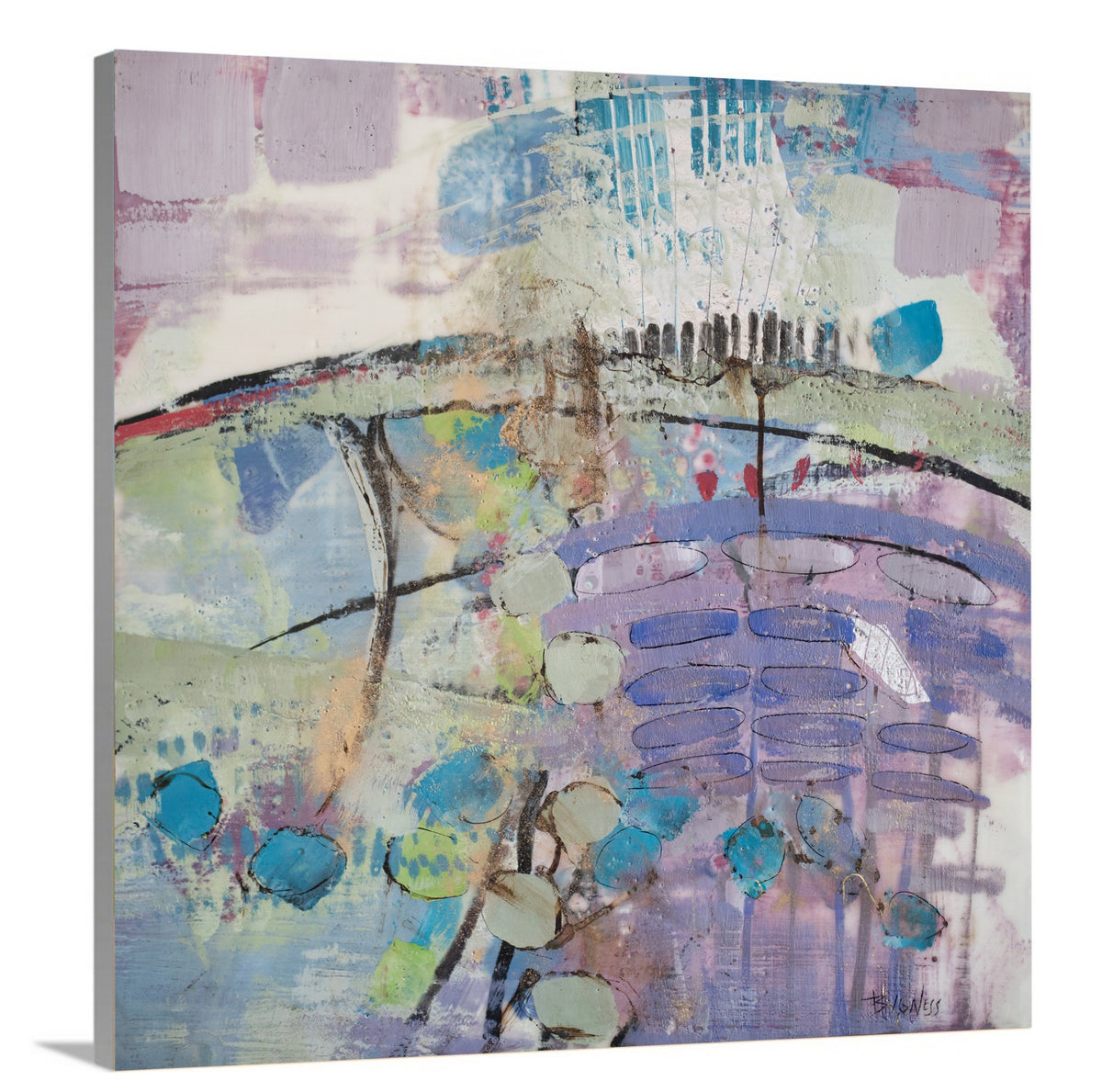 A side-angle view of a blue, purple, and green abstract canvas print. 