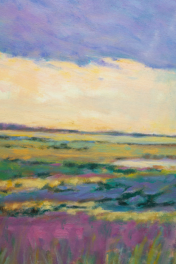 A close up detail of the warm sunlight above the colorful vegetation of the marsh from Ken Elliott's painting, Summer by the Shore. 