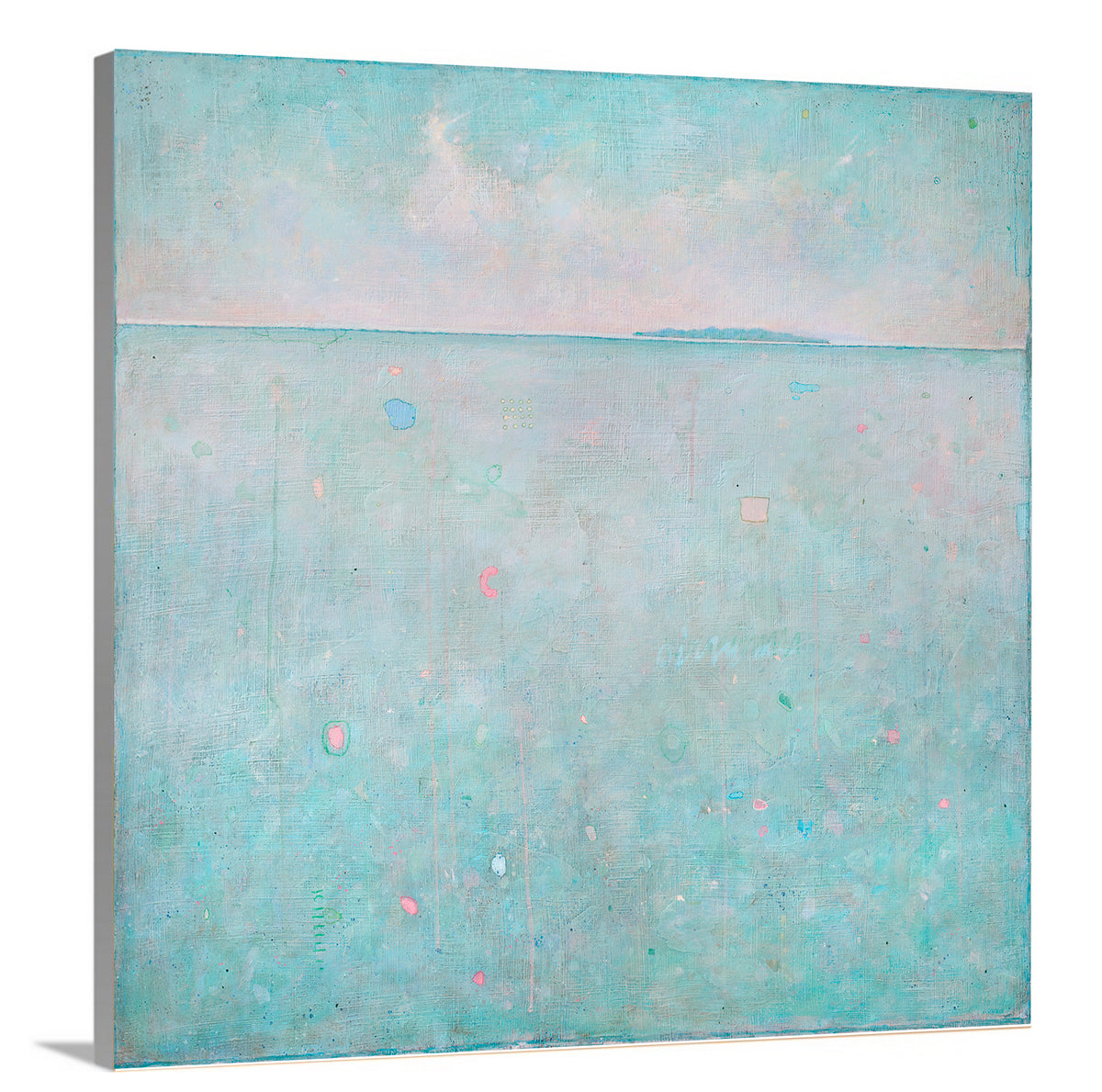 A side-angle view of a light blue abstract landscape print on canvas.