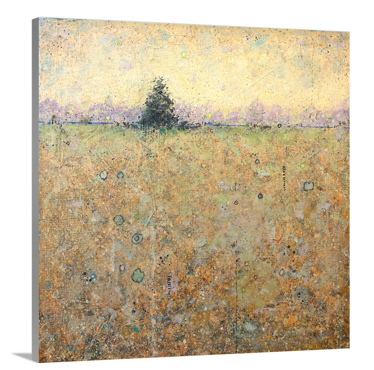 A side-angle view of a yellow, green and orange abstract landscape print with a abstract tree by Elwood Howell on canvas.