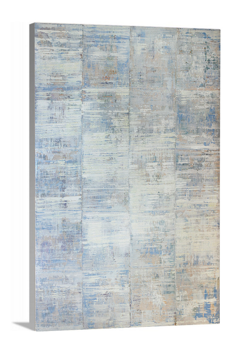 A side-angle view of a white and blue abstract print on canvas.