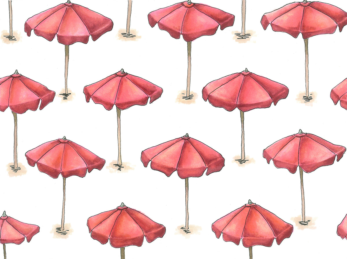 An illustration of a red beach umbrellas with brown poles by Elizabeth Iadicicco. 
