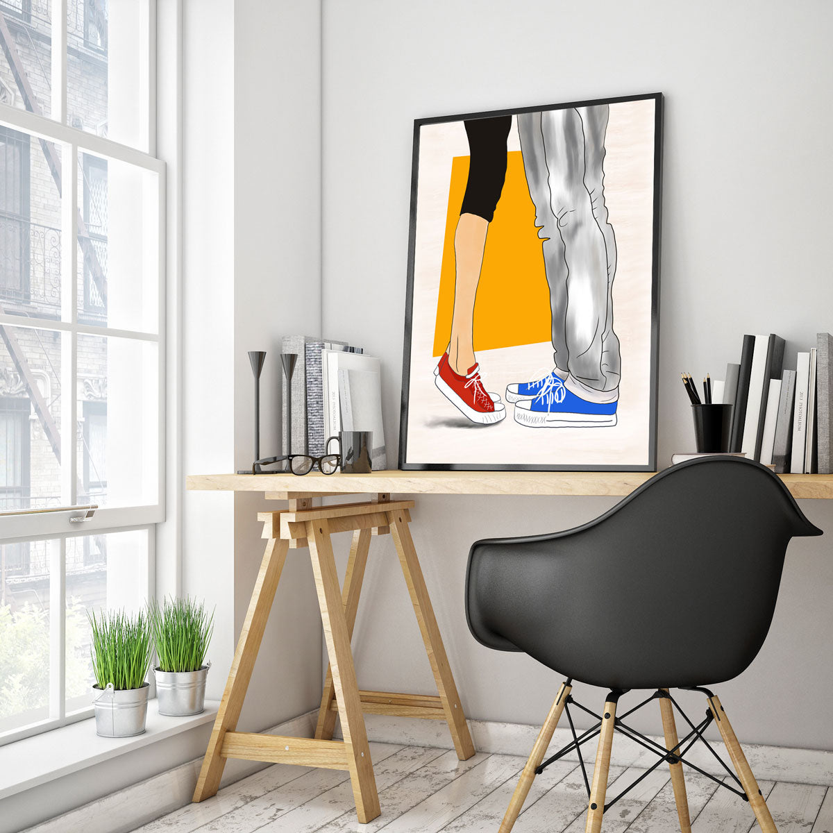 Art print of two people wearing Converse shoes, resting on desk surface next to a window and a modern black office chair.