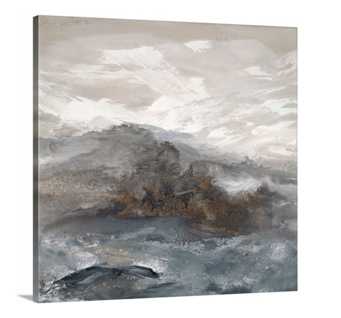 A side-angle view of a beige, white, brown and grey abstract print on canvas.