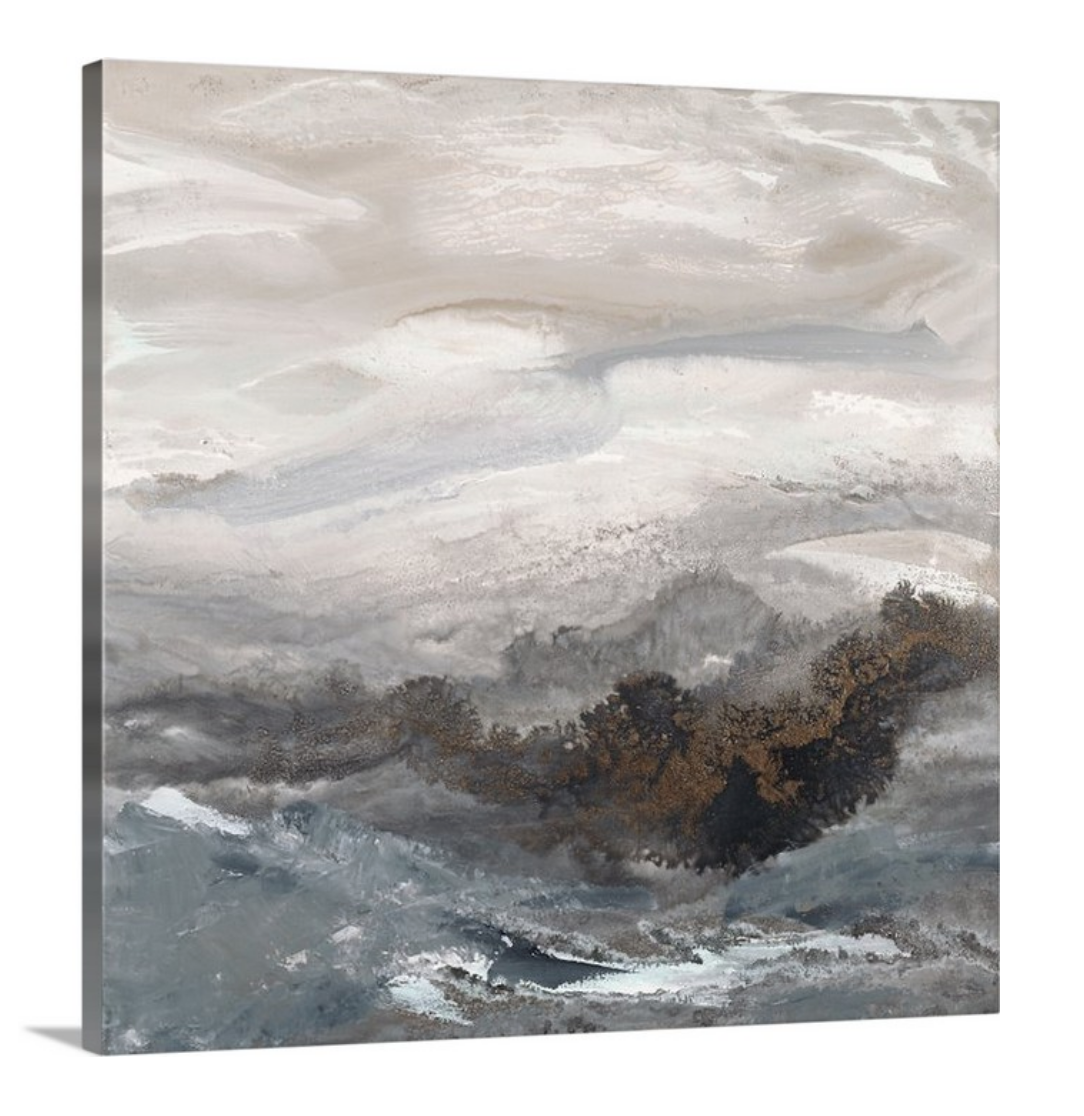 A side-angle view of a beige, white, brown and grey abstract print on canvas.