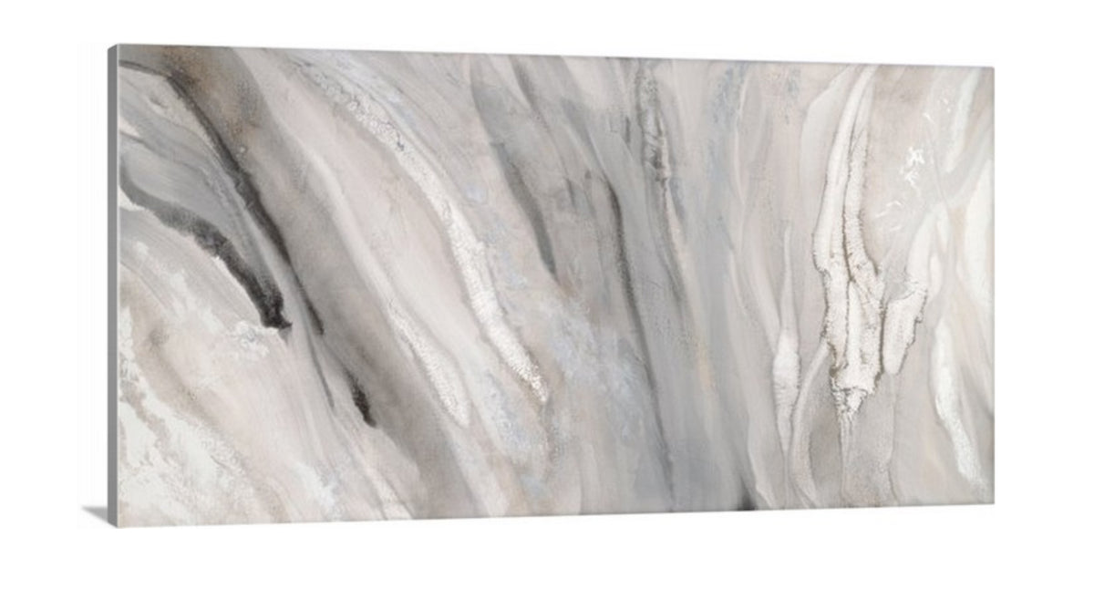 A side-angle view of a beige, white and gold abstract print on canvas.
