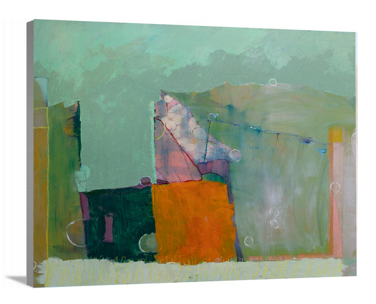 A side-angle view of a green abstract print by Christine Averill-Green on canvas.